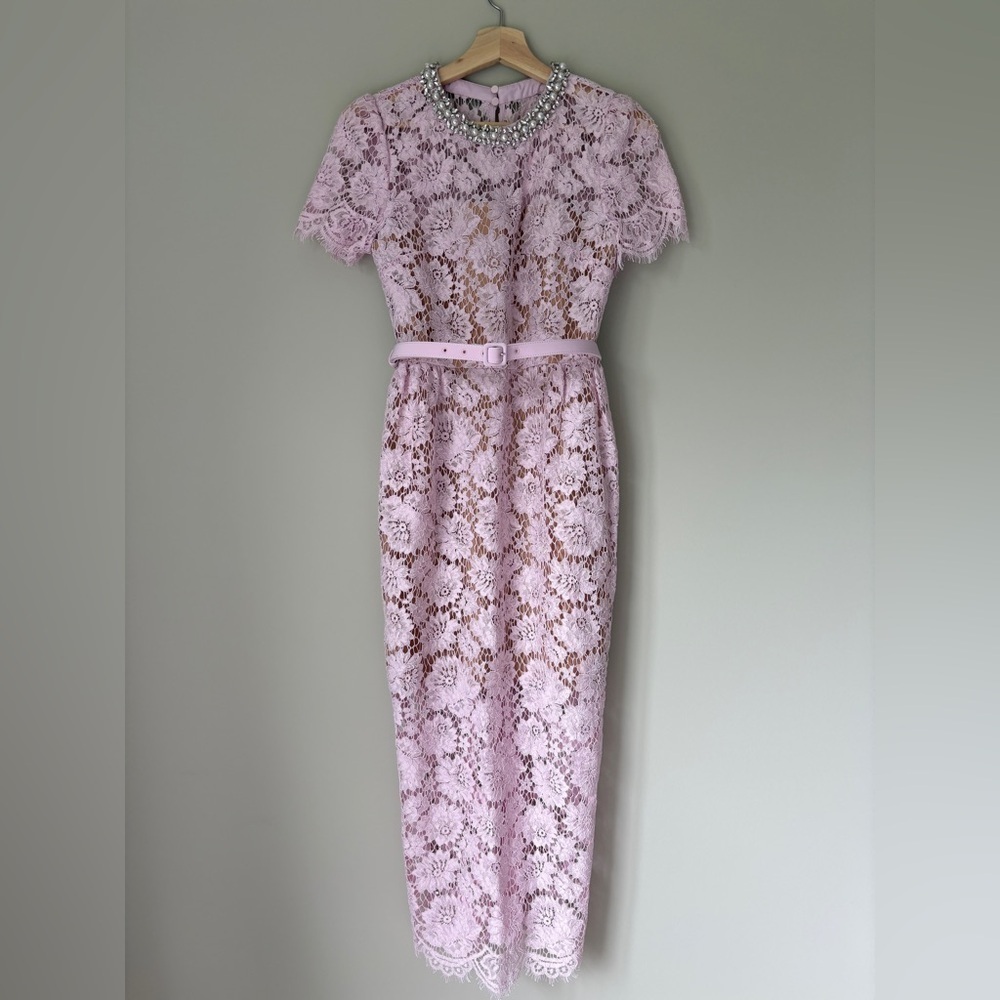 NEW Self-Portrait Fine Lace Pearl Midi Dress in Pink | UK 8 / US 4 - Picture 9 of 15